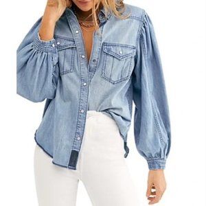 Free People With Love Cotton Denim Shirt Chambray Puff Sleeve Snap Button